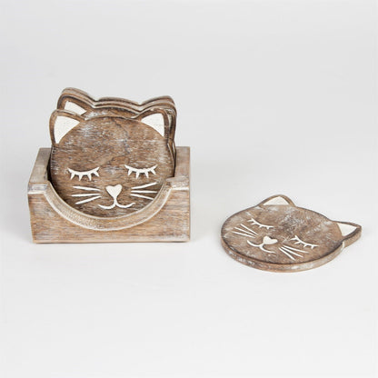 Wooden Brown Carved Cat Coaster - Set of 6