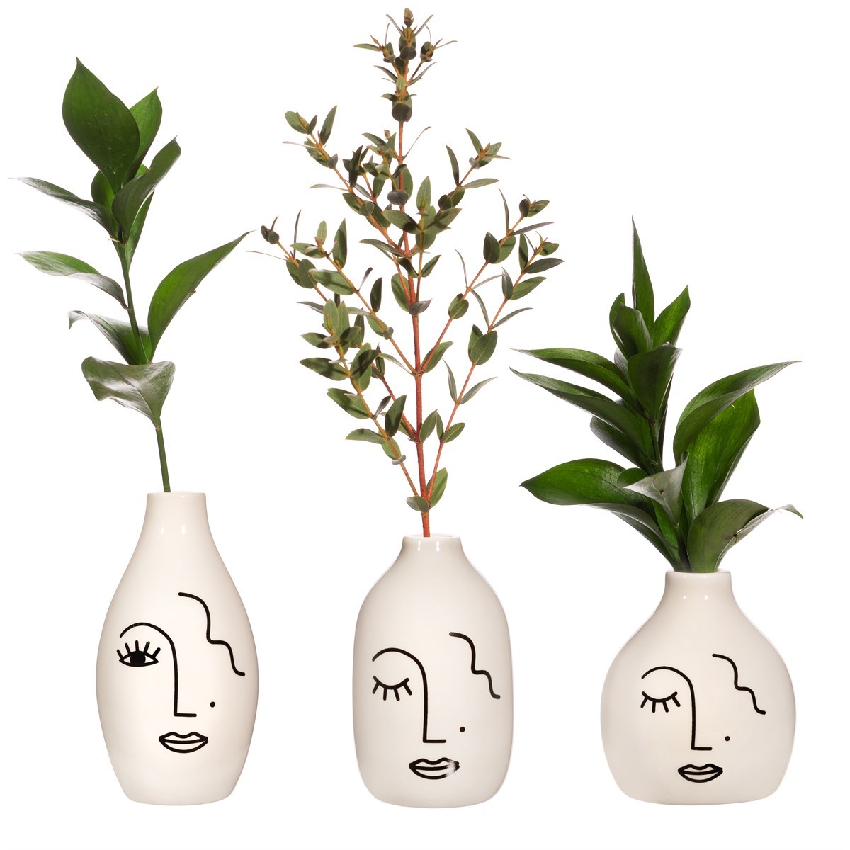 Abstract Face White Vases - Set of 3