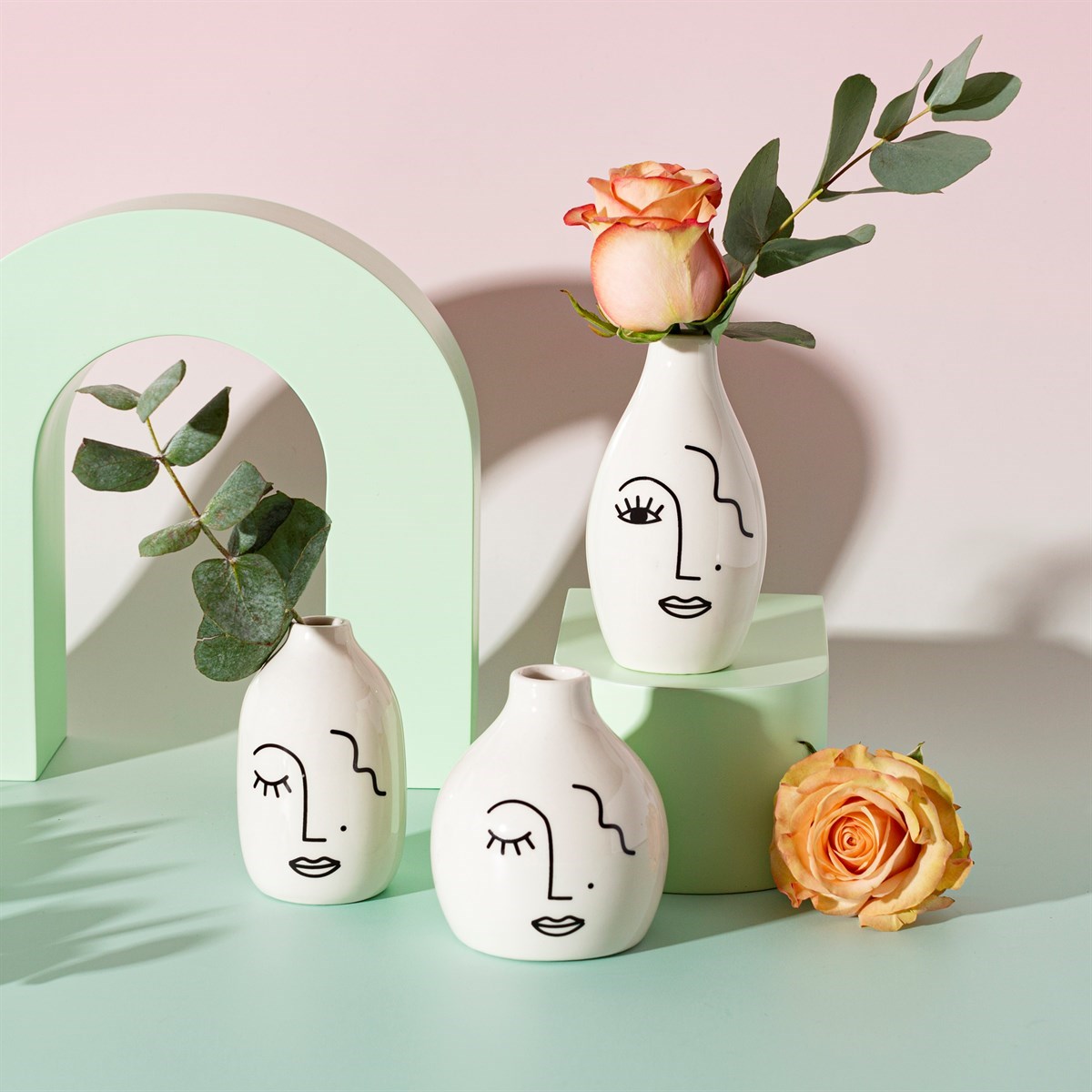 Abstract Face White Vases - Set of 3