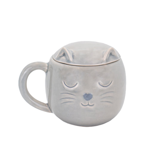 Crackle Glaze Grey Cat Mug with Lid