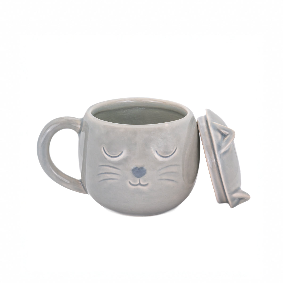 Crackle Glaze Grey Cat Mug with Lid